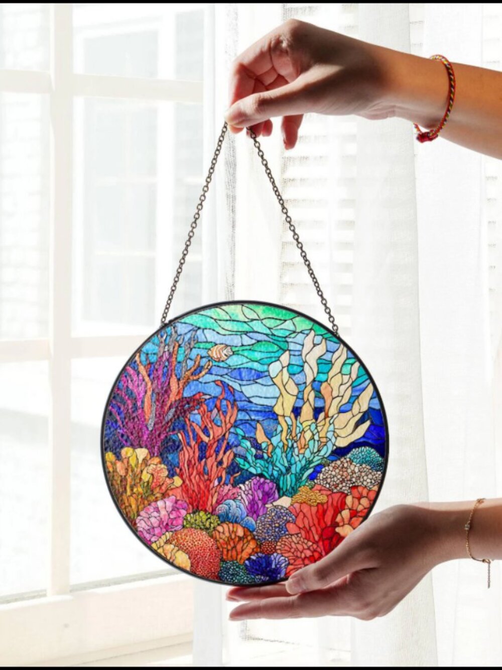 Coral Reef Stained Glass Suncatcher: Ocean Art Window Hanging